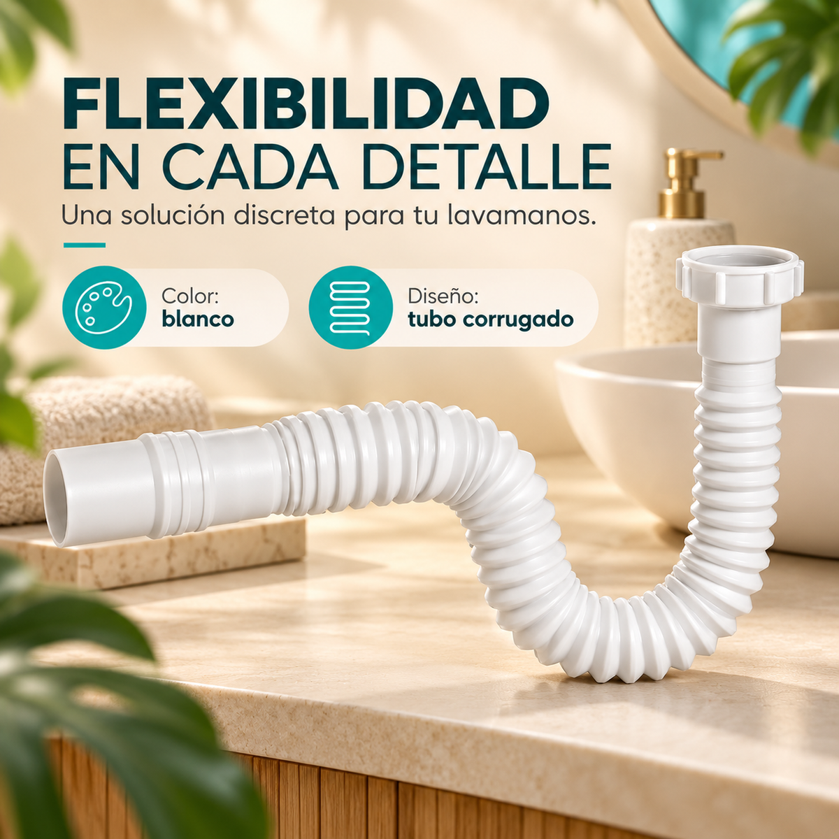 Sifón Flexible Blanco Eco Para Lavamanos - detalle