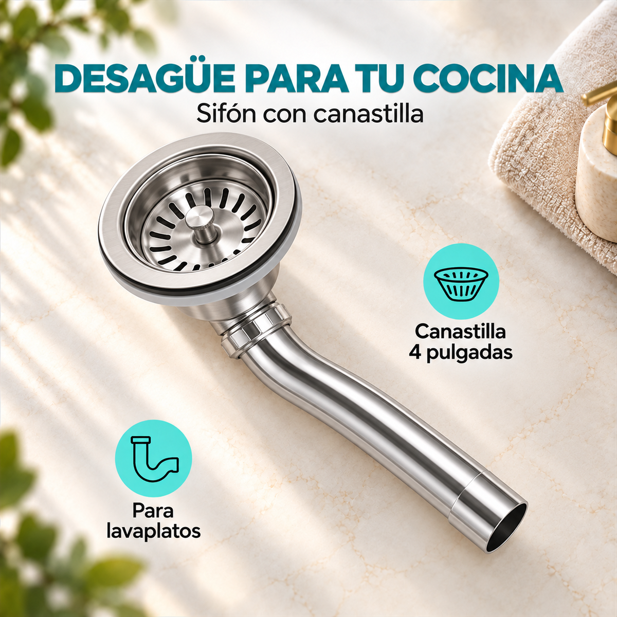 Detalle de sifón y canastilla de 4 pulgadas