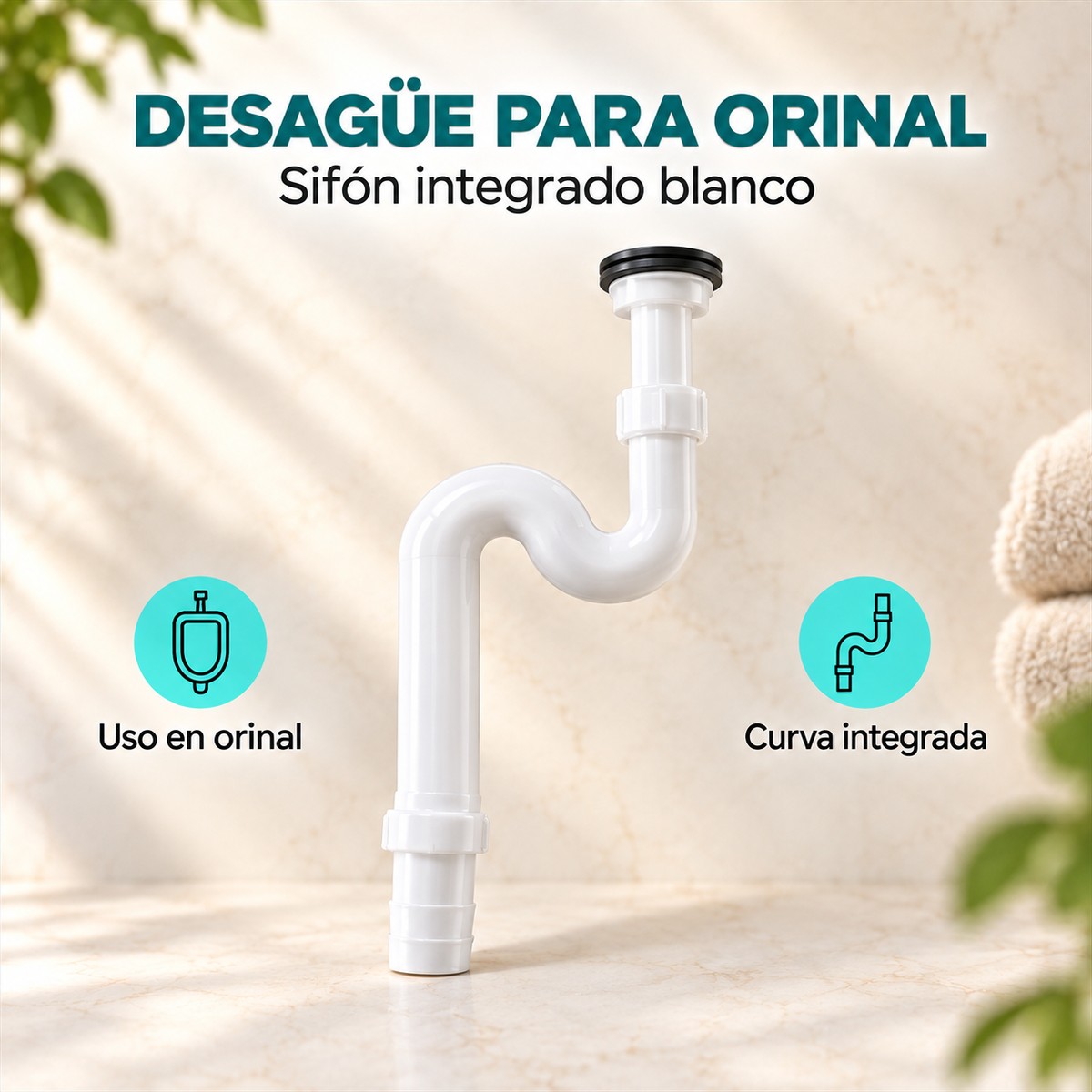 Detalle comercial del sifón blanco para orinal