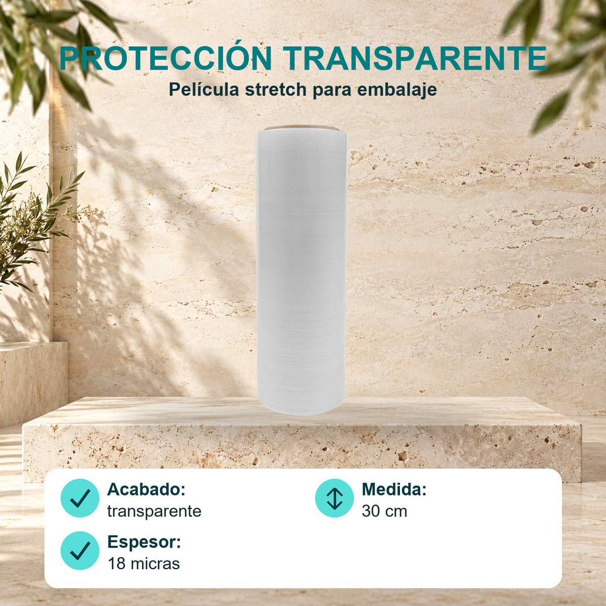 Película Stretch Transparente 30 cm · 18 micras · características