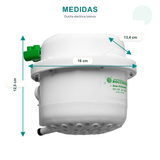 Medidas de la ducha eléctrica blanca: alto 12,5 cm, ancho 16 cm y largo 13,4 cm.
