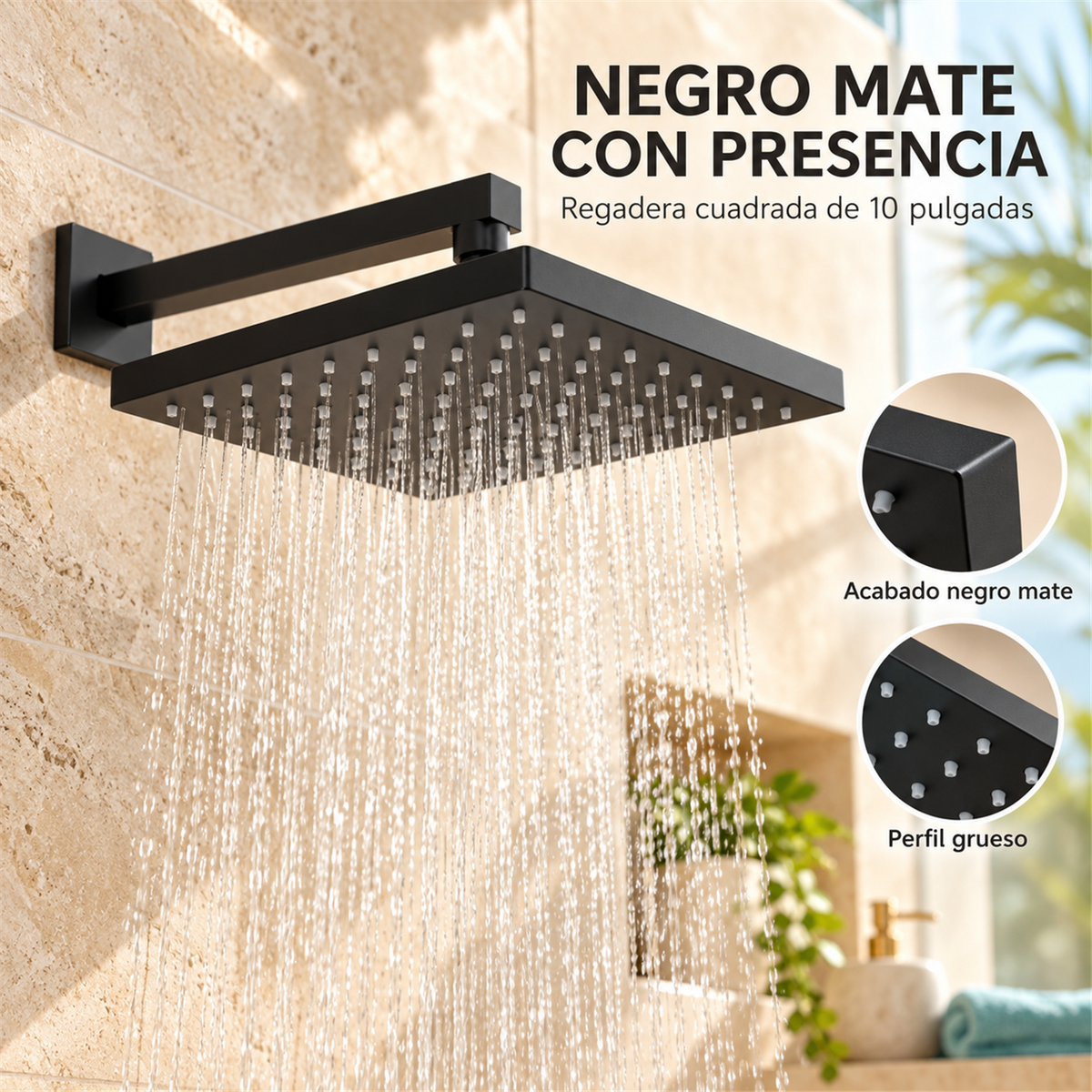 Detalle comercial de regadera cuadrada negra mate