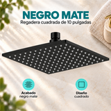 Detalle comercial de regadera cuadrada negra mate de 10 pulgadas