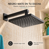 Detalle comercial de regadera cuadrada negra mate de 8 pulgadas