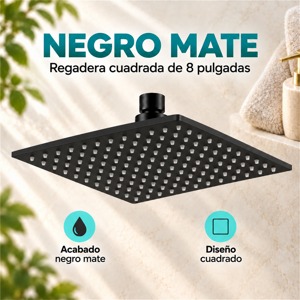 Detalle comercial de regadera cuadrada negra mate de 8 pulgadas