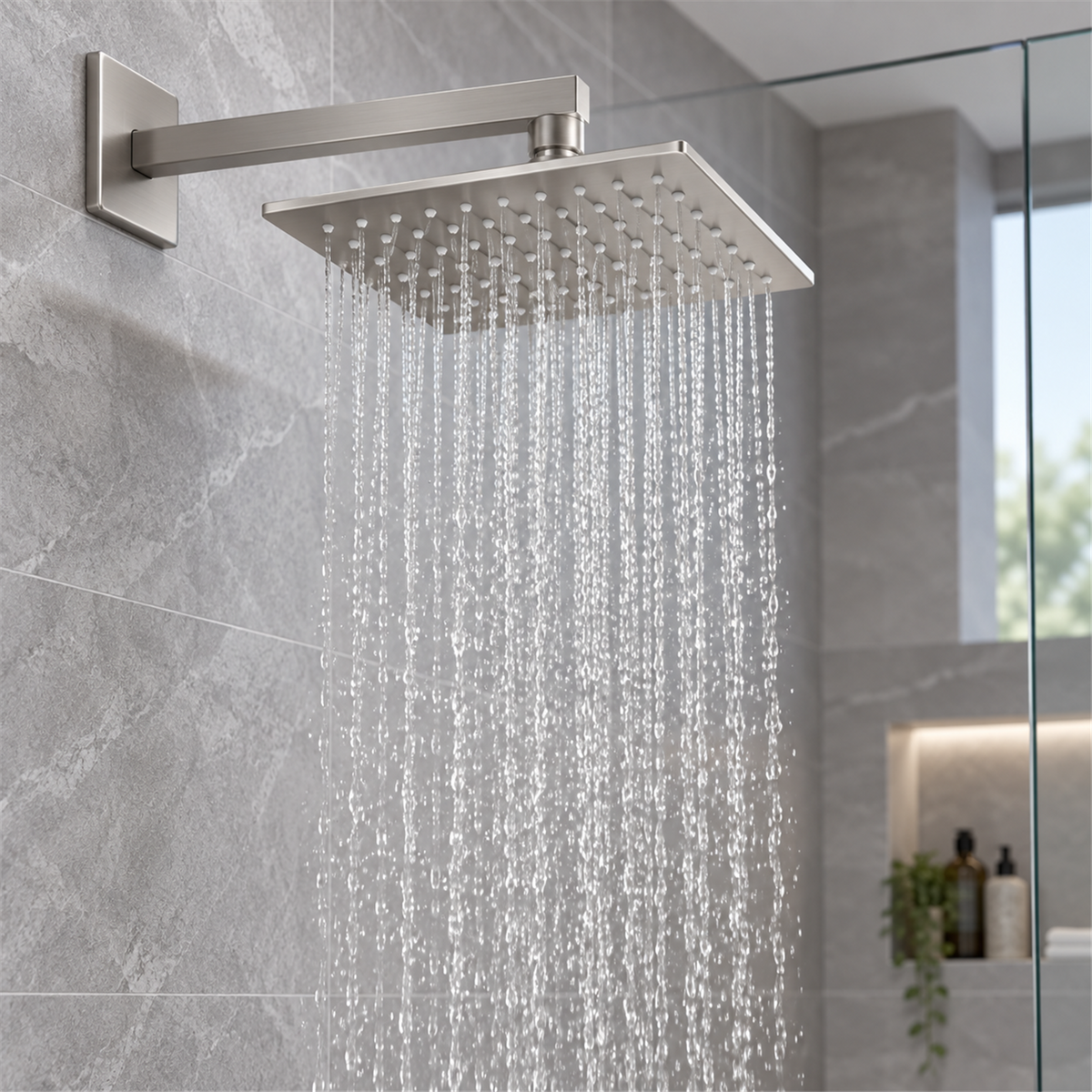 Regadera cuadrada satinada funcionando en un baño