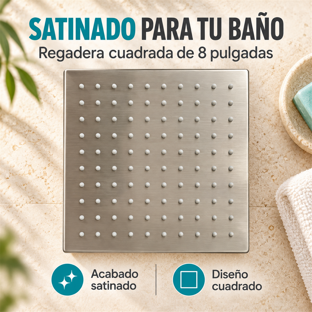 Detalle de regadera cuadrada satinada de 8 pulgadas