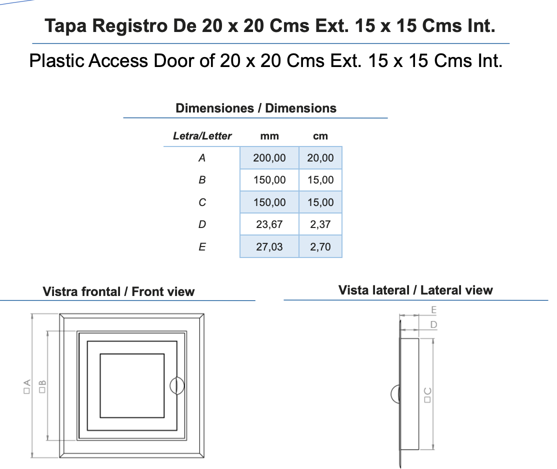 Tapa Registro 20x20 Cm ABS Blanco