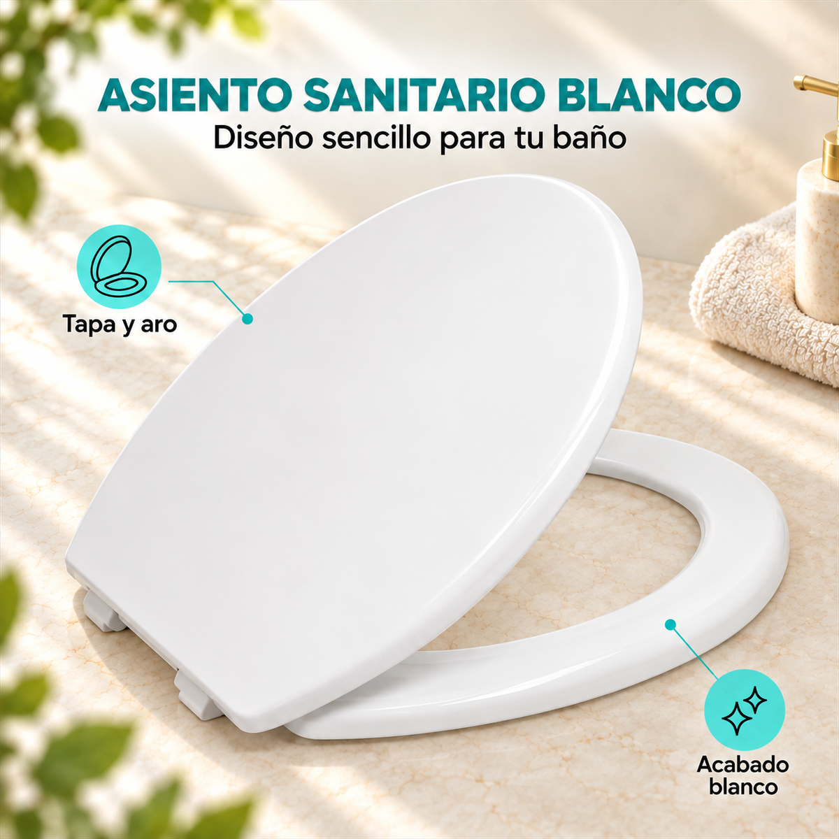 Asiento sanitario blanco con tapa y aro; detalle comercial sobre fondo beige