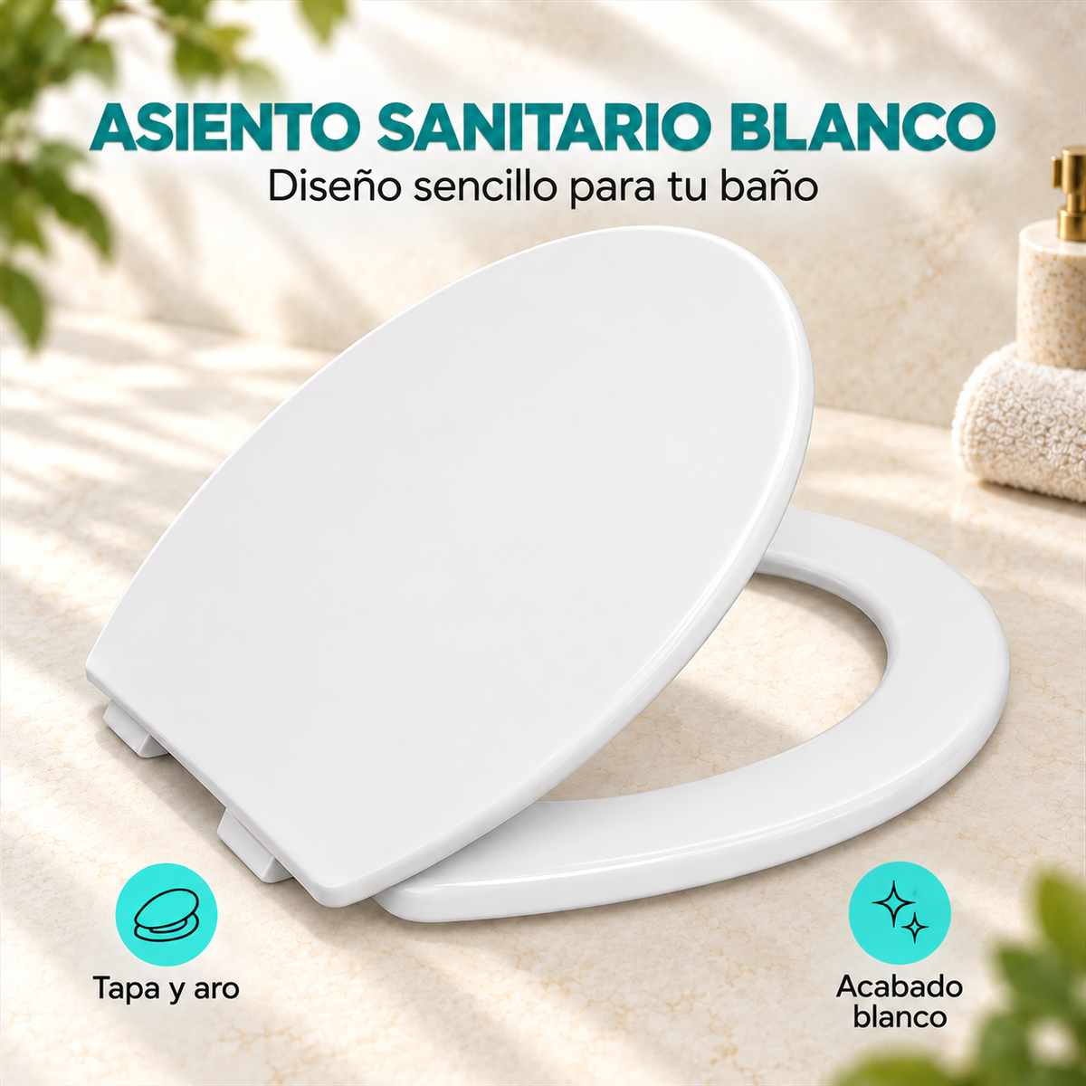 Asiento sanitario blanco con tapa y aro; detalle comercial sobre fondo beige