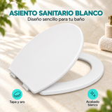 Asiento sanitario blanco con tapa y aro; detalle comercial sobre fondo beige