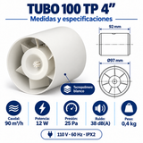Medidas y especificaciones del extractor TUBO 100 TP de tecnopolímero blanco