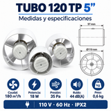 Medidas y especificaciones del extractor axial TUBO 120 TP 5 pulgadas