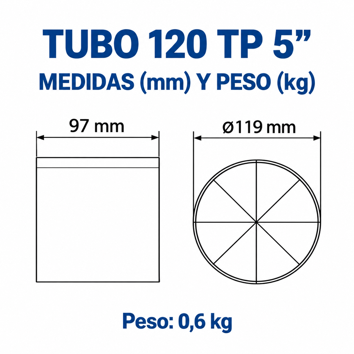 Plano de medidas del TUBO 120 TP 5 pulgadas
