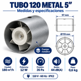 Medidas y especificaciones del extractor axial metálico TUBO 120 de 5 pulgadas
