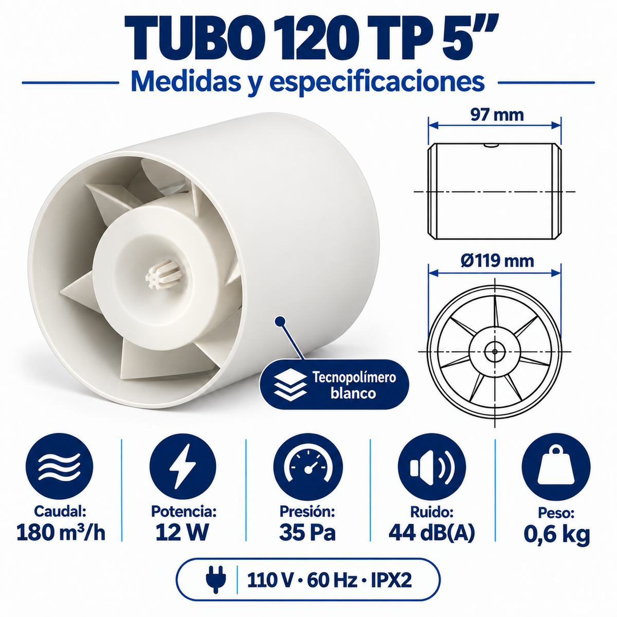 Medidas y especificaciones del extractor TUBO 120 TP de tecnopolímero blanco