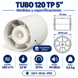 Medidas y especificaciones del extractor TUBO 120 TP de tecnopolímero blanco