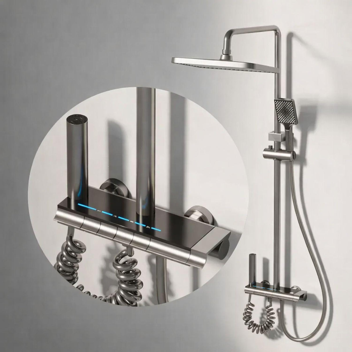 Torre de Ducha Tipo Piano Gris Cobalto Mate con Teleducha y Cabezal – Columna de Ducha Moderna Monocomando