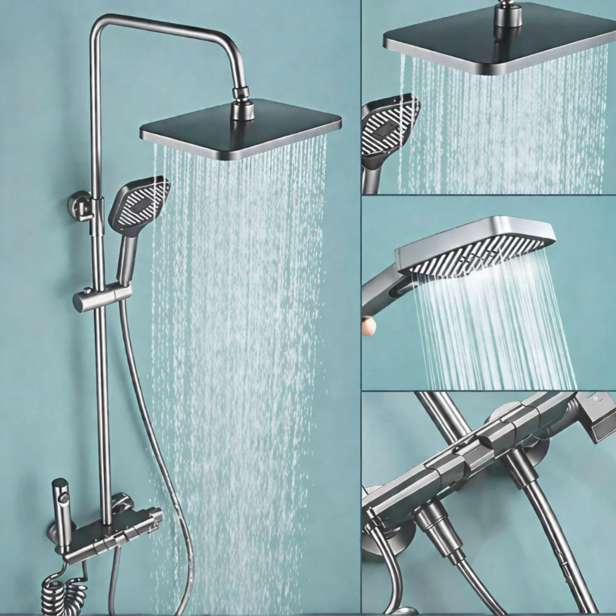 Torre de Ducha Tipo Piano Gris Cobalto Mate con Teleducha y Cabezal – Columna de Ducha Moderna Monocomando