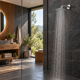 Regadera cuadrada cromada de 4 pulgadas instalada en baño moderno
