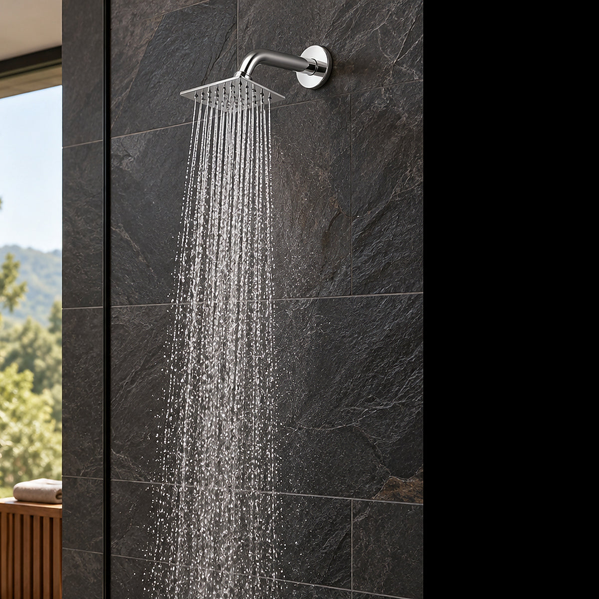 Acercamiento de la regadera cuadrada cromada con agua natural