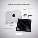 Regadera Cuadrada Negra Y Cromada De 8 Pulgadas — fotografía oficial 2