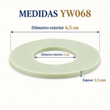 Medidas del empaque YW068: diámetro exterior 6,5 cm, interior 2 cm y espesor 2,5 mm