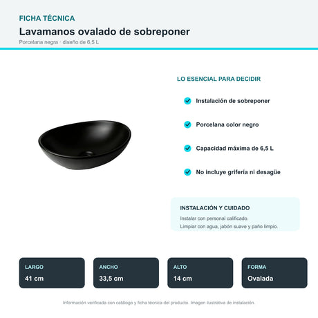 Lavamanos Ovalado Negro de Sobreponer 41 × 33,5 cm