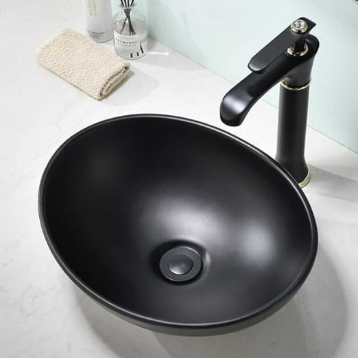 Combo Lavamanos Canoa Negro 41 x 33,5 x 14 cm con Llave Alta Pico Curvo, Desagüe Push y Sifón Flexible