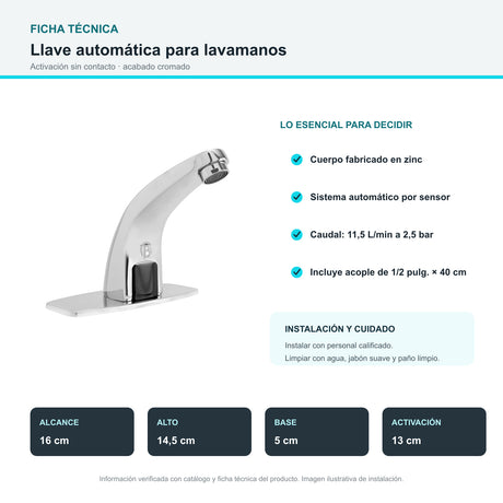 Llave Automática con Sensor para Lavamanos Cromada