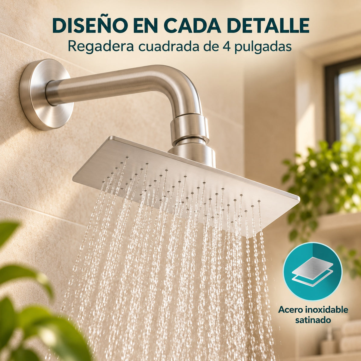 Regadera Cuadrada De 4 Pulgadas En Acero Inoxidable Satinado y características