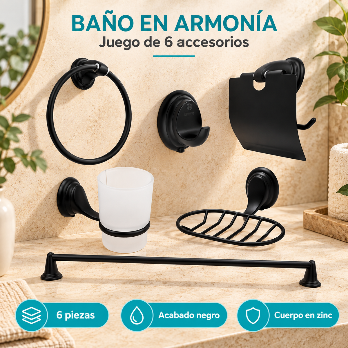 Características de Juego de accesorios de baño negro en zinc de 6 piezas