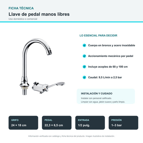 Llave de Pedal Cromada Manos Libres para Lavamanos