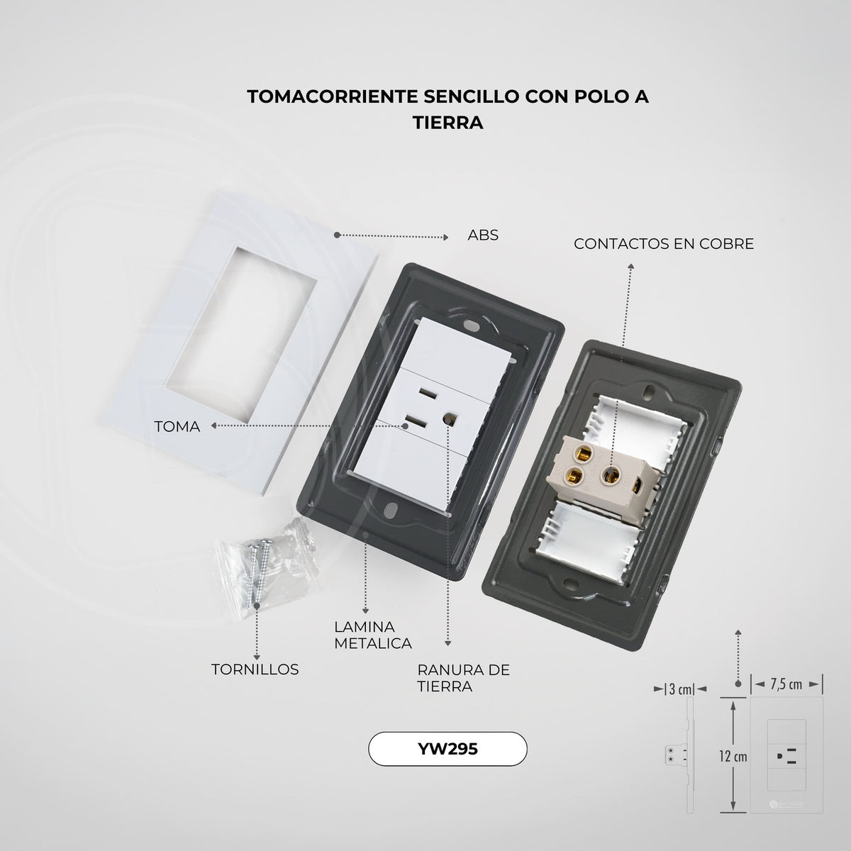 Tomacorriente Sencillo Blanco 15 A 12 × 7,5 cm — detalle técnico