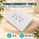 Tomacorriente triple con polo a tierra blanco 12 × 7,5 cm · 03 caracteristicas