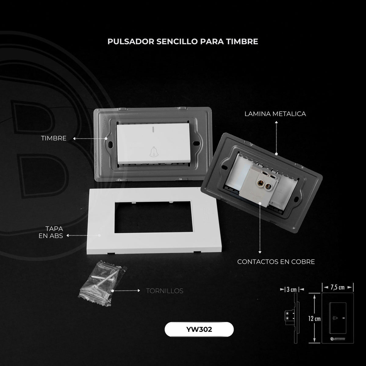 Pulsador para Timbre Blanco 10 A 12 × 7,5 cm — detalle técnico
