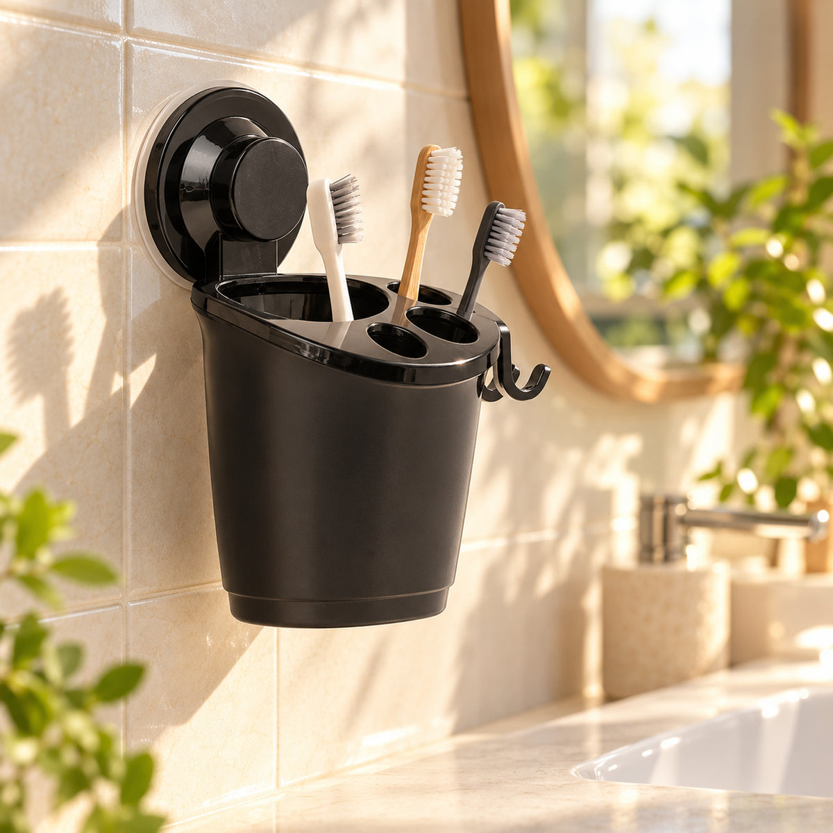 Portacepillos con Ventosa Negro para Baño 16 cm — ambientación