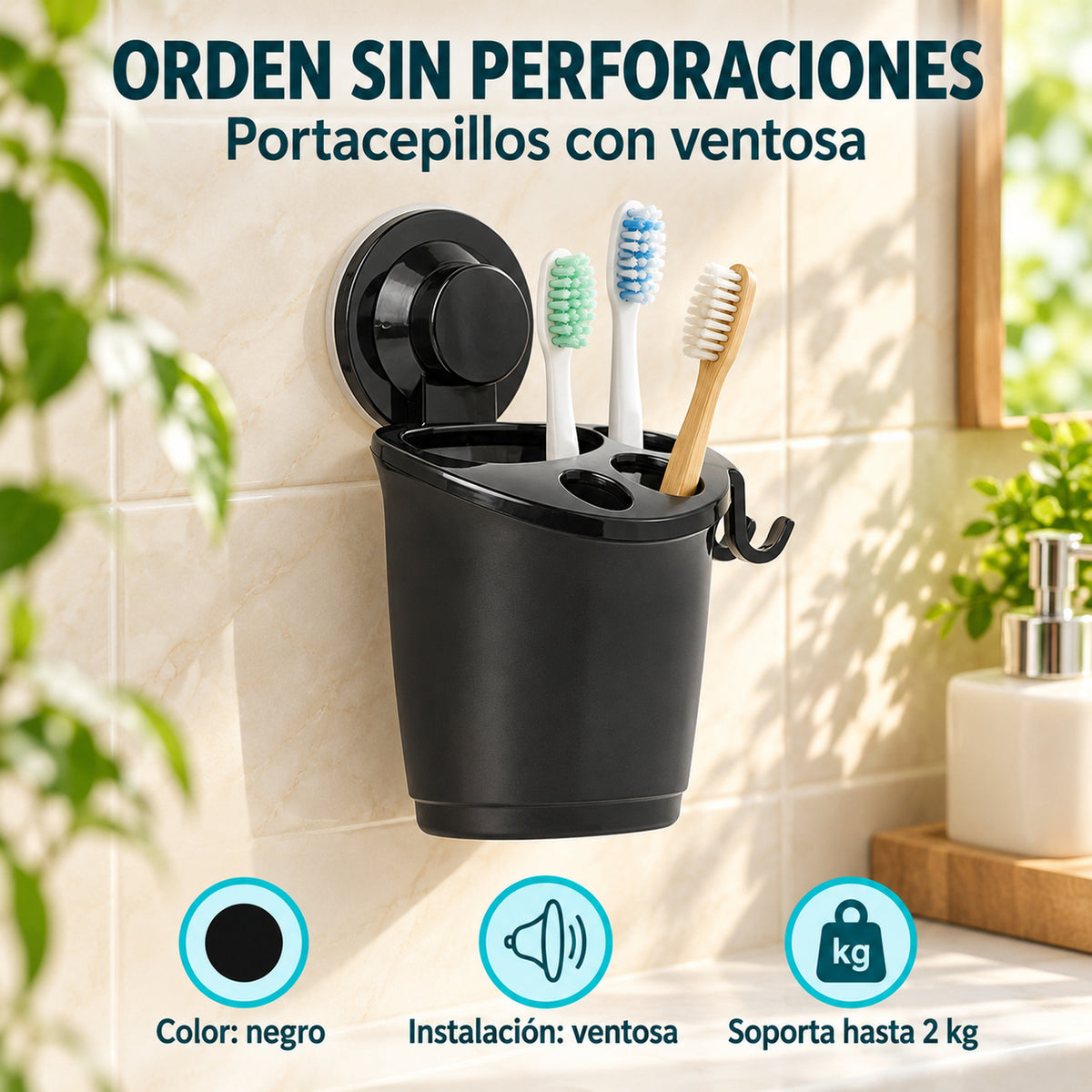 Portacepillos con Ventosa Negro para Baño 16 cm — características