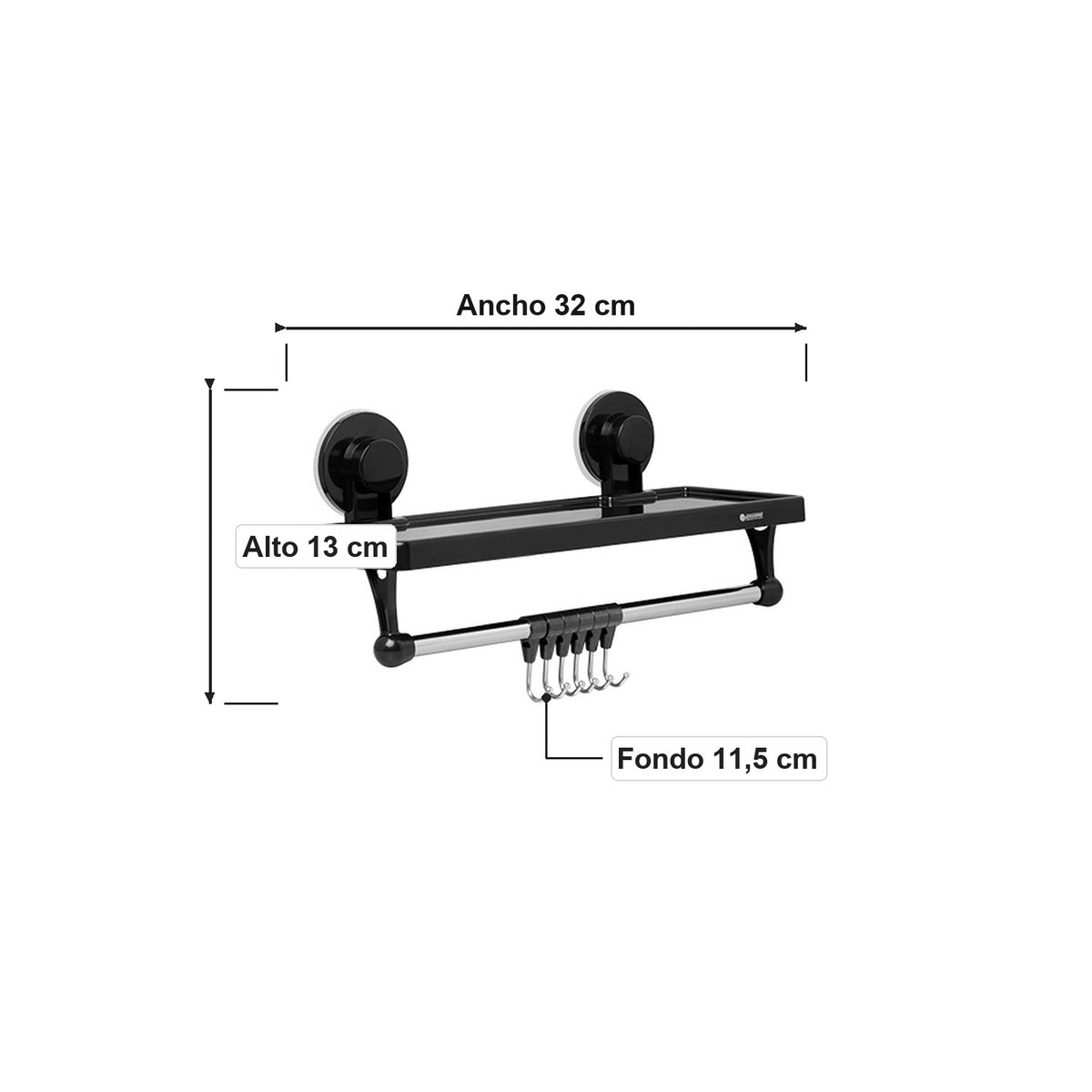 Repisa Organizadora Con Toallero Y Ganchos Ventosa Negra - medidas del producto