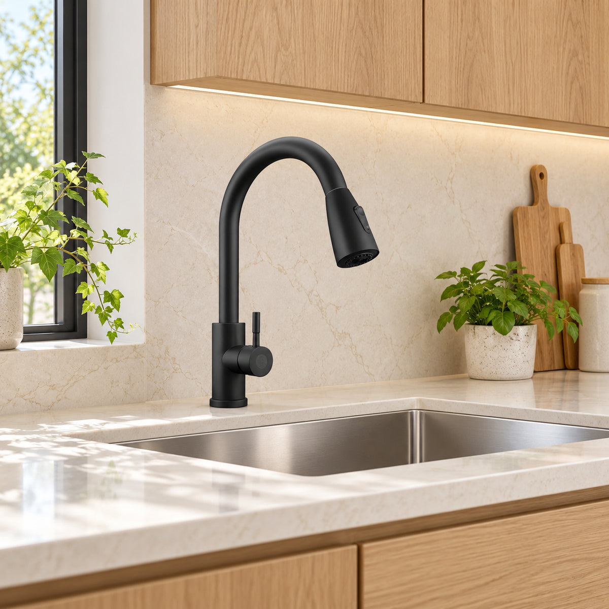 Mezclador Extraíble Para Lavaplatos Negro 37 cm en ambiente real