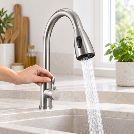 Mezclador monomando de cocina extraíble en acero inoxidable satinado