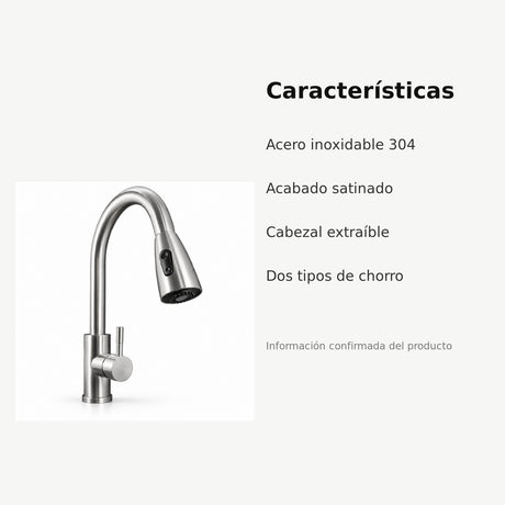 Mezclador monomando de cocina extraíble en acero inoxidable satinado