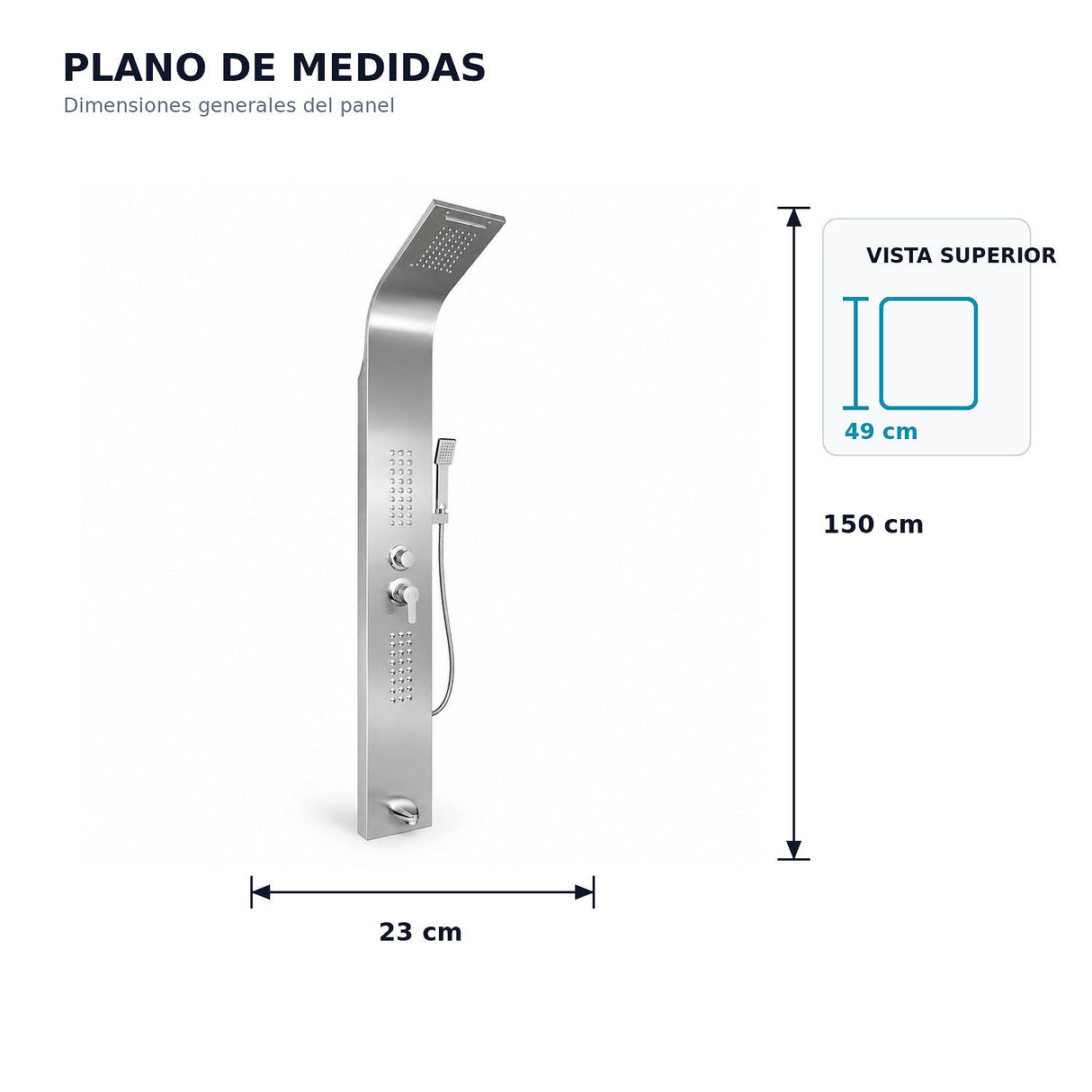 Plano de medidas: 150 cm de alto, 23 cm de ancho y 49 cm de proyección