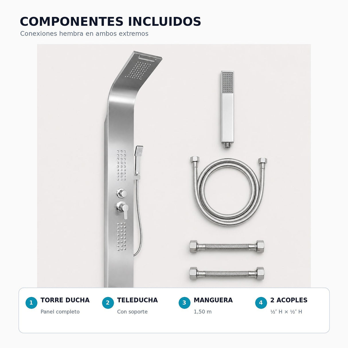 Componentes incluidos de la torre de ducha cromada