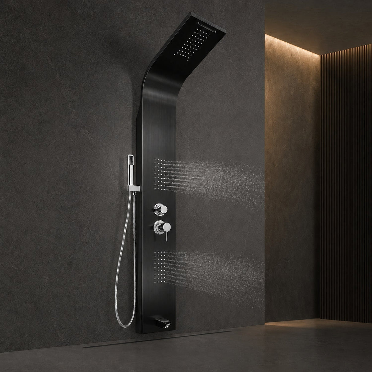 Torre de ducha negra funcionando con jets frontales en baño contemporáneo