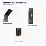 Detalles de ducha superior, jets, controles y salida inferior