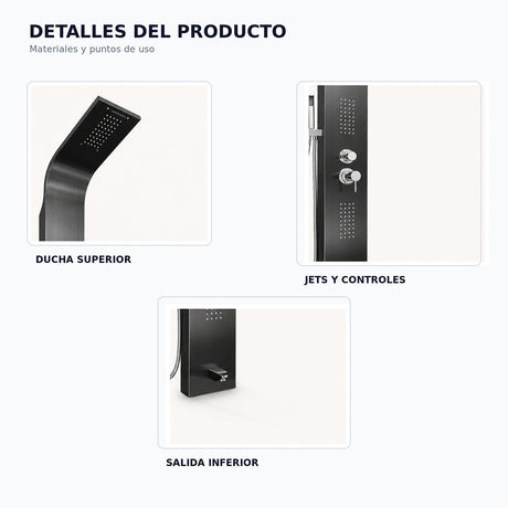 Torre de Ducha Negra de 4 Funciones en Acero Inoxidable 304