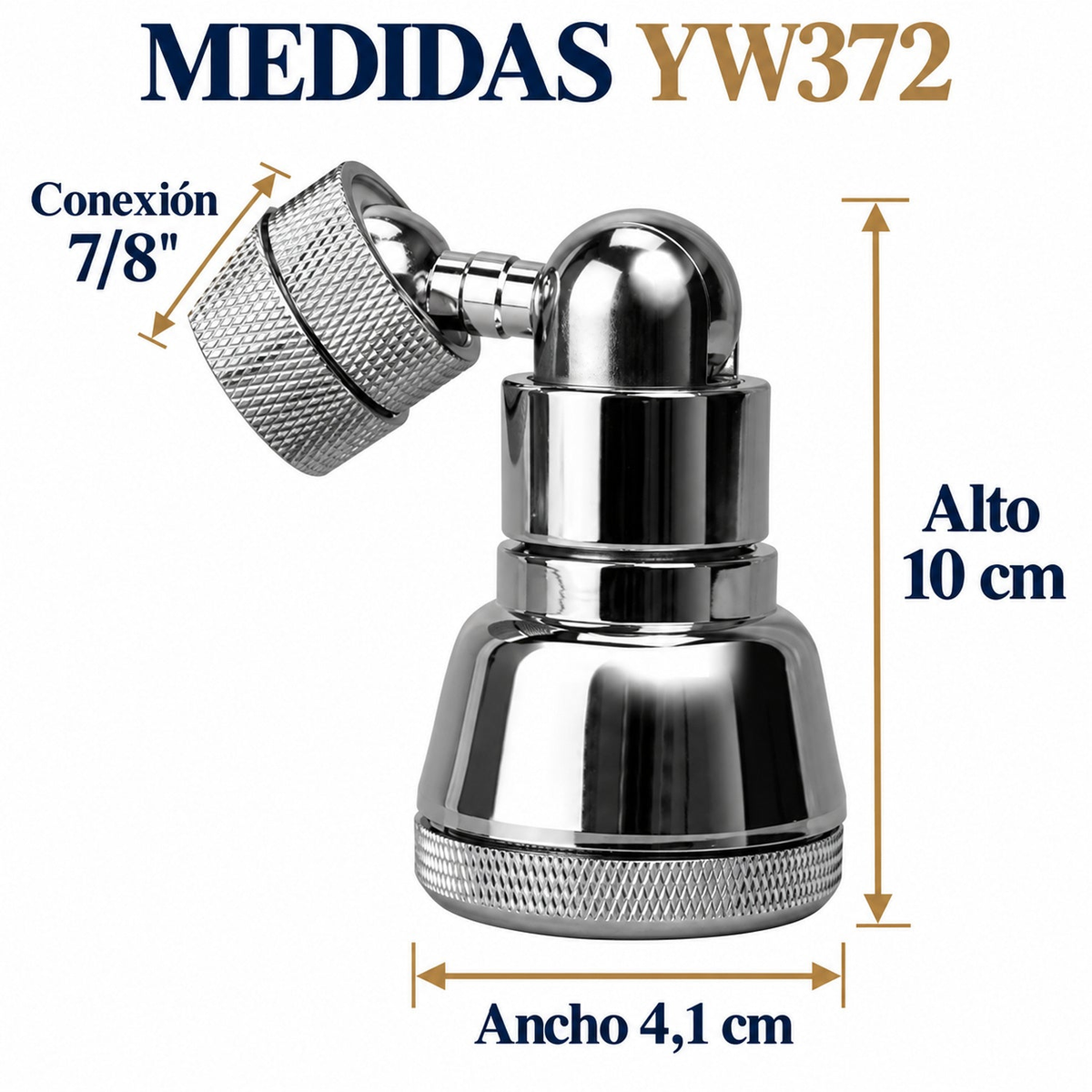 Medidas oficiales del adaptador YW372: alto 10 cm, ancho 4,1 cm y conexión 7/8 pulgadas