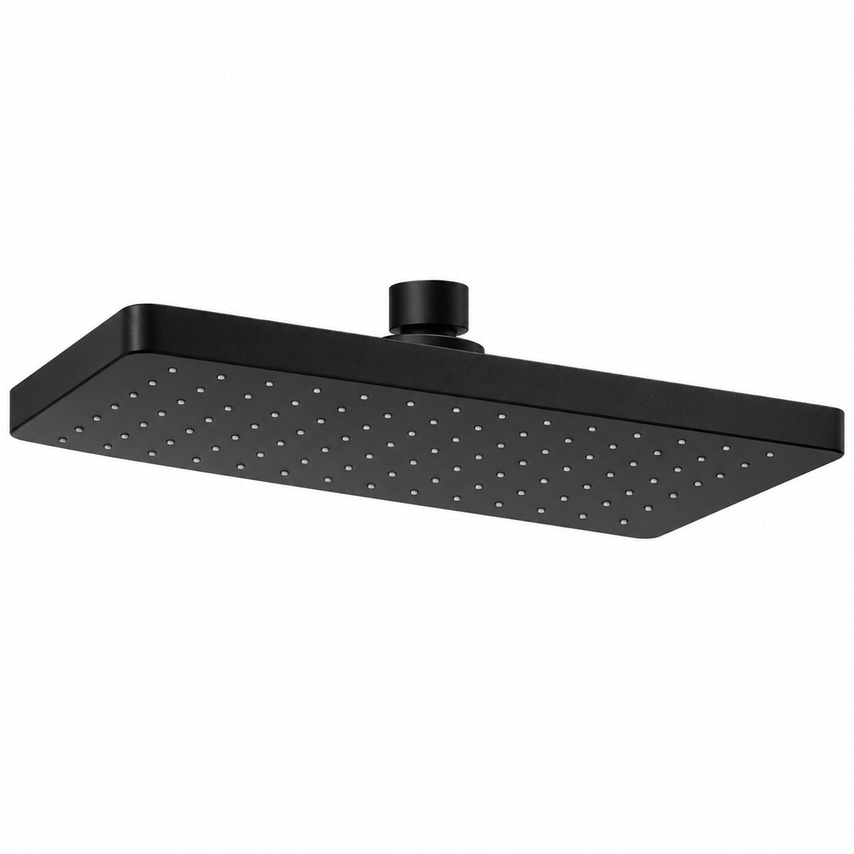 Regadera rectangular negra sobre fondo blanco