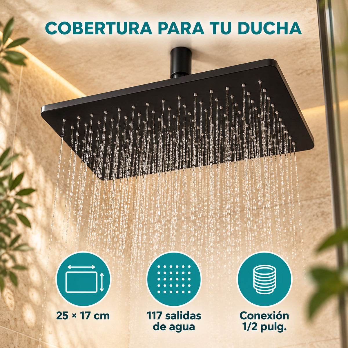 Regadera Rectangular Negra 25 × 17 cm — características